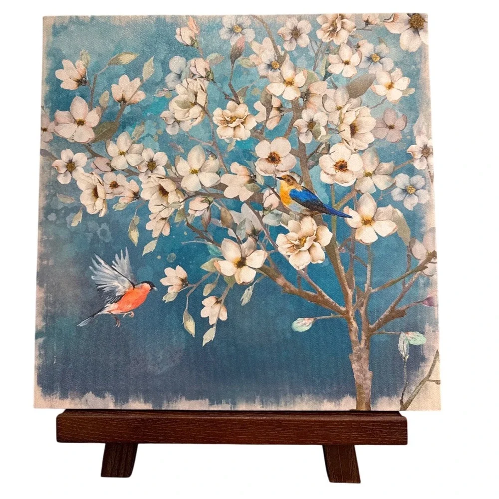 Wijotavic Bird and Blossom Canvas Wall Art Teal Blue Floral Decor 13x13